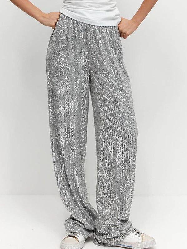 Pantalon ample brillant à jambes droites, à taille élastique, à sequins, à empiècements