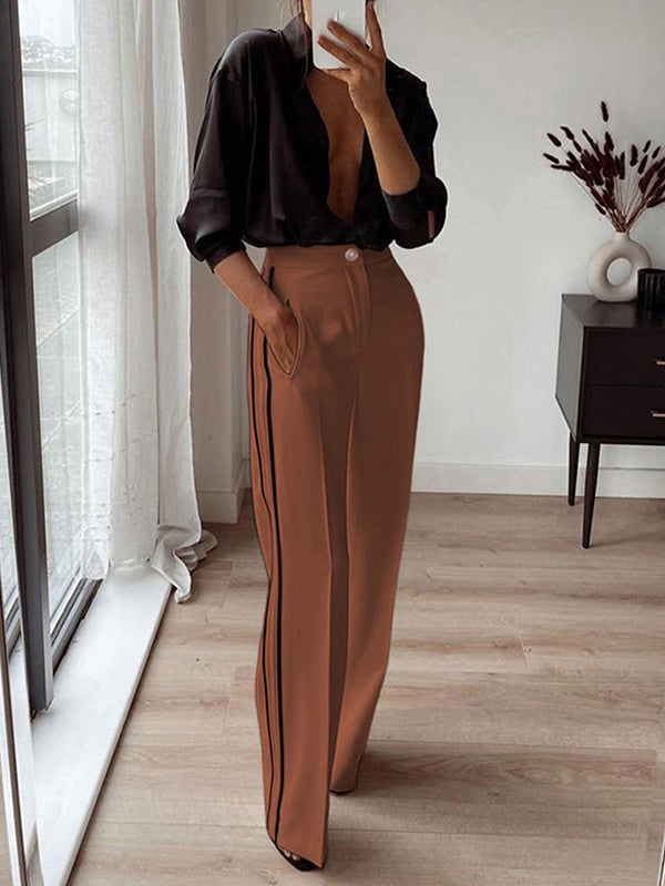 Pantalon ample rayé taille haute, à poches