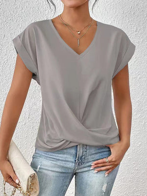 T-shirt ample plissé à manches courtes, à col en V, couleur unie