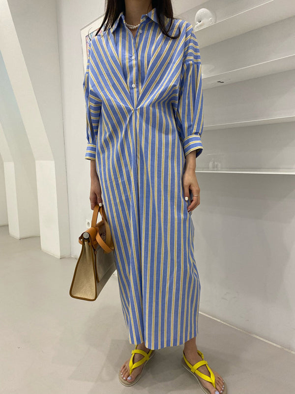 Robe chemise ample boutonnée rayée à manches longues, à poches, à col revers, couleur contrastée