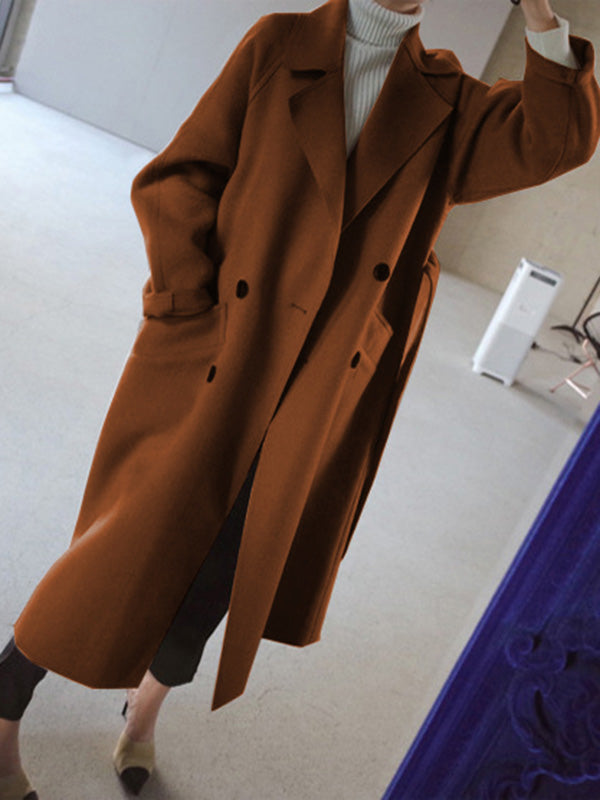 Manteau en laine urbain ample avec ceinture, couleur unie