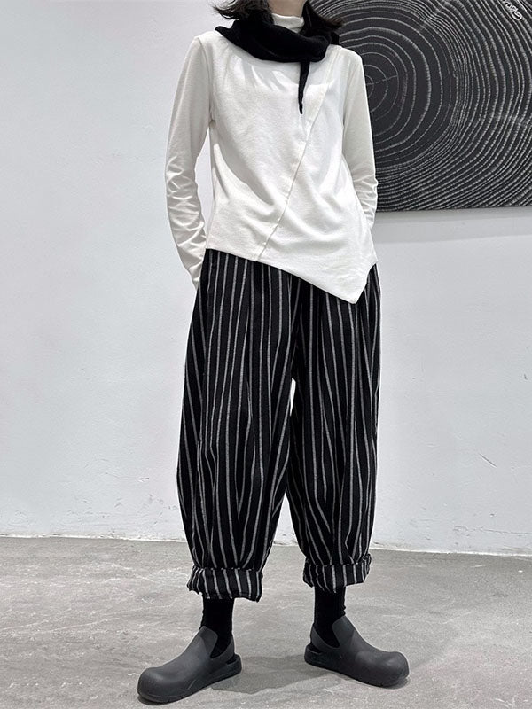 Sarouel ample taille haute fendu-joint motifs rayés pantalon pantalon