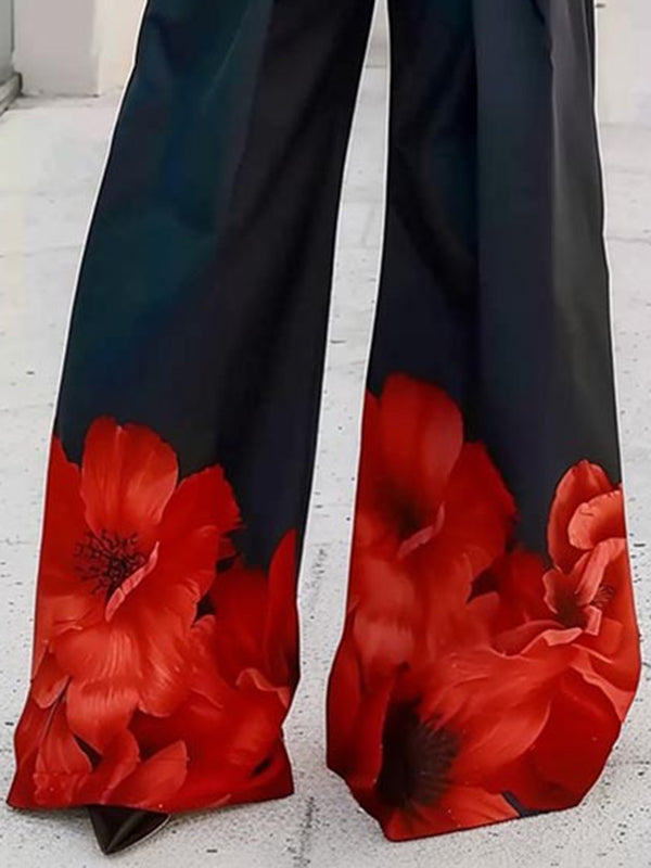 Pantalon ample plissé taille haute, à imprimé floral, à empiècements