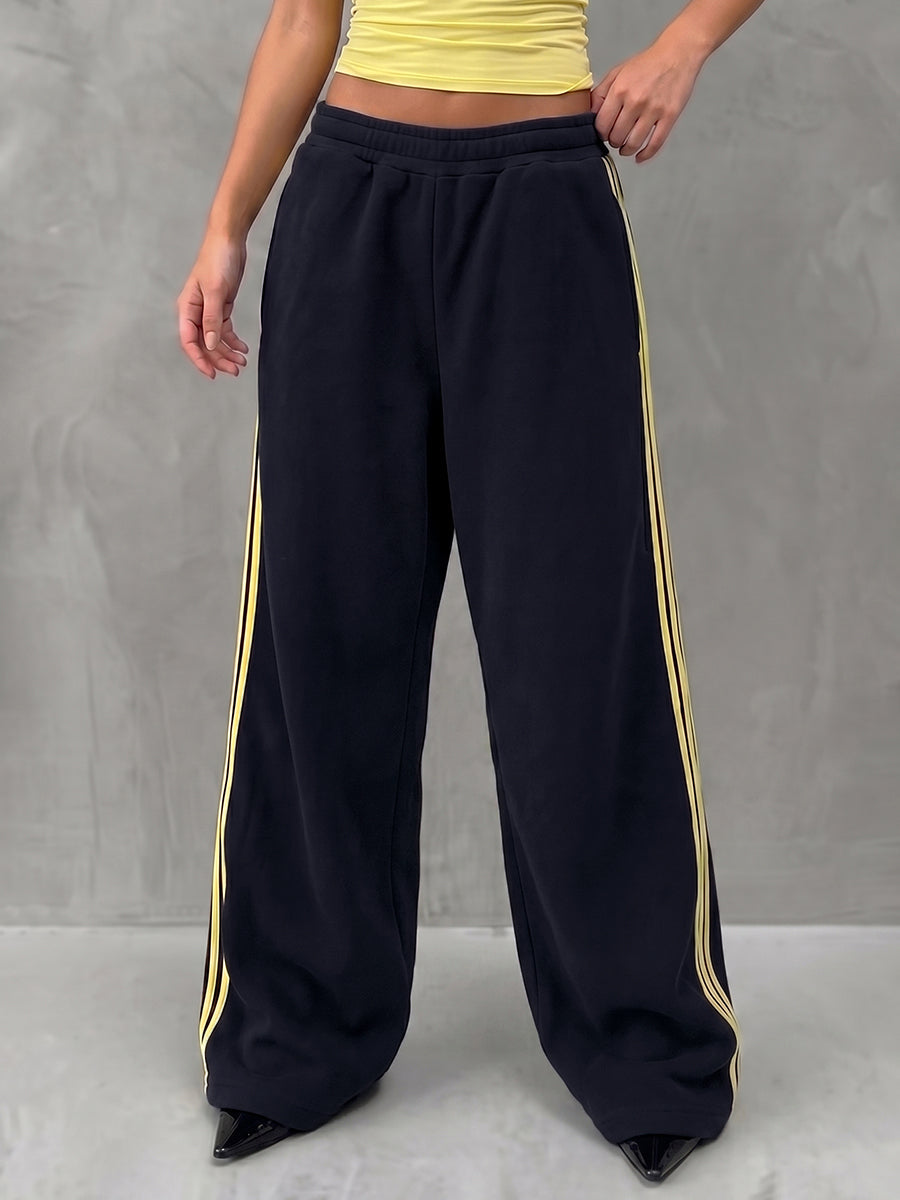 Pantalon rayé taille haute, à jambes larges, à taille élastique, à poches