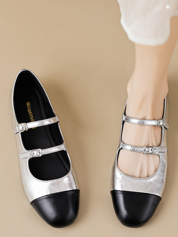 Chaussures plates à empiècements et bout rond avec boucle de ceinture Mary Janes