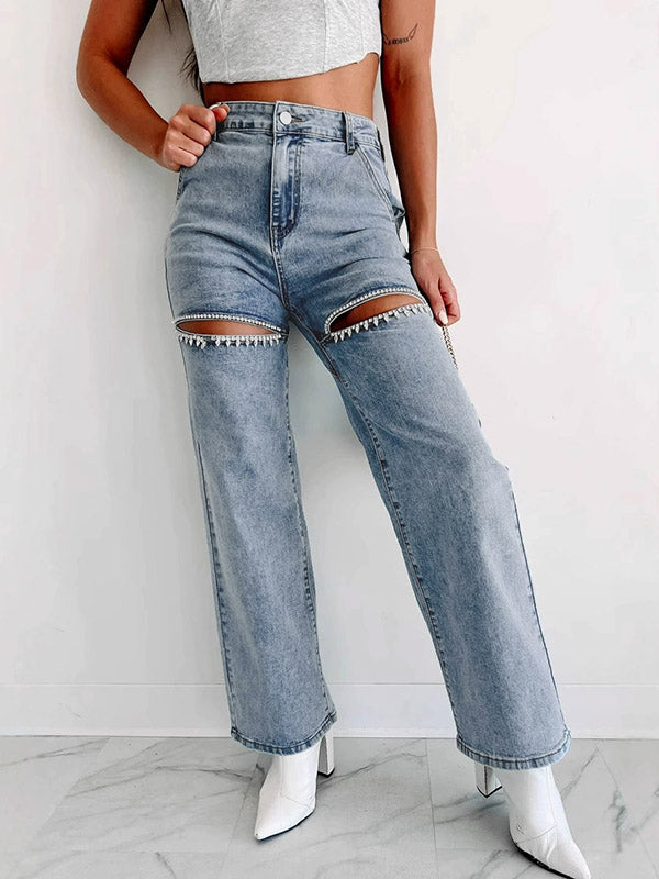 Jean déchiré taille haute, à jambes droites, à empiècements
