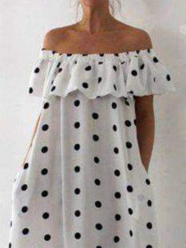 Robe longue ample à falbalas, à pois, à épaules dénudées