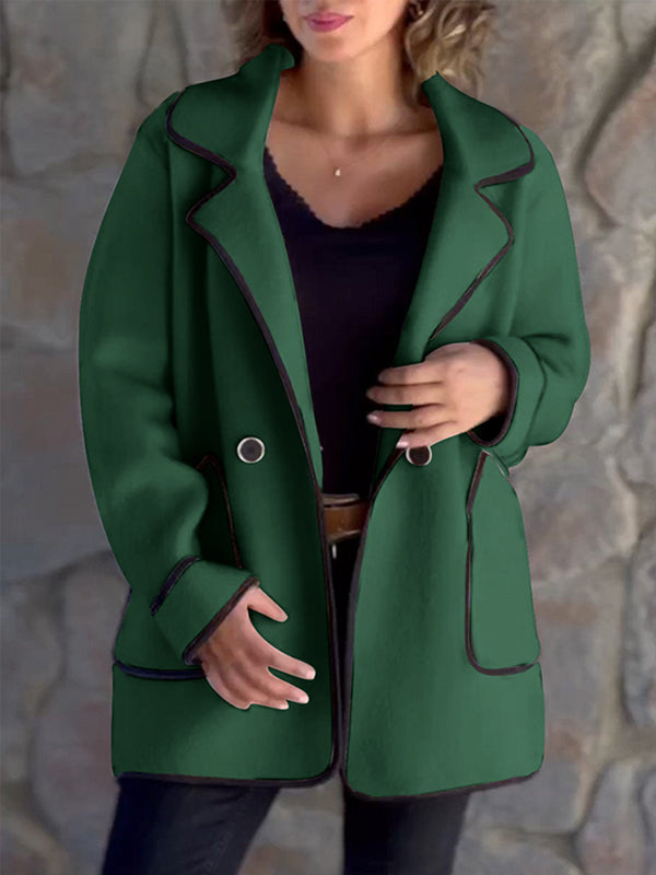 Manteau en laine ample boutonné à manches longues, à poches, à empiècements, à col cranté