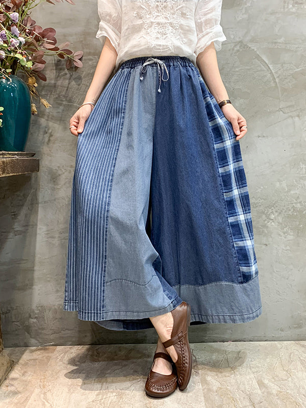 Bas de pantalon en Jean à carreaux, ample, élastique, avec cordon de serrage, à empiècements, neuvième pantalon