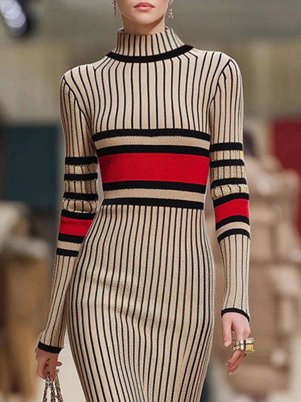 Robe pull rayée à manches longues, coupe près du corps, à col haut, couleur contrastée