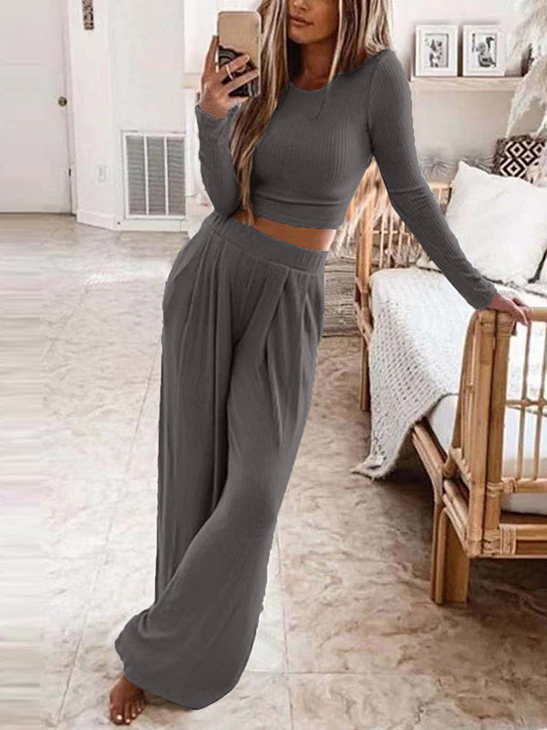 Ensemble deux pièces grande taille, à col rond, à manches longues, couleur unie – chemise + haut + pantalon
