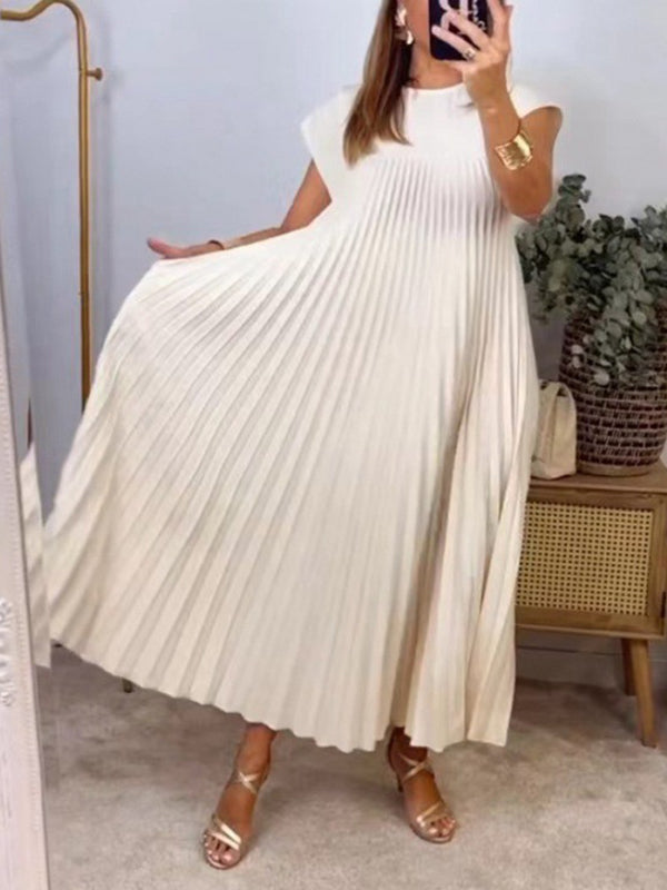 Robe longue plissée coupe trapèze, taille haute, à poches, à empiècements, à col rond, couleur unie