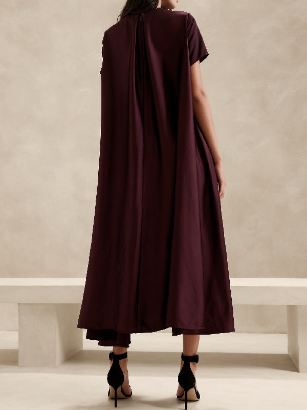 Robe longue ample à manches courtes, à poches, à col rond, couleur unie