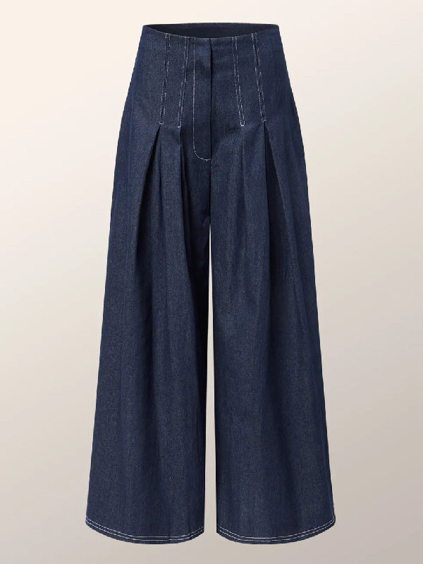 Bas de pantalon en jean à empiècements et plissé, taille haute