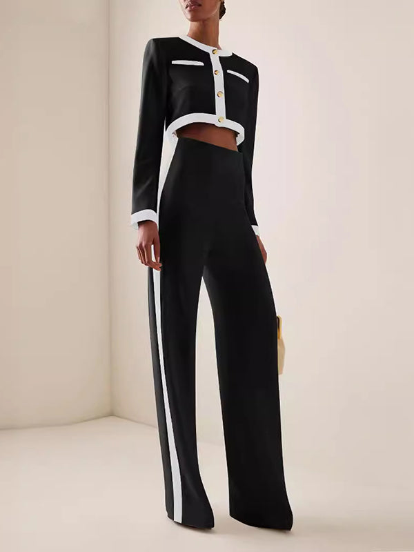 Ensemble deux pièces boutonné à manches longues, à empiècements, à col rond, taille haute – chemisier + pantalon