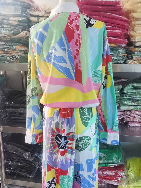 Ensemble deux pièces imprimé boutonné à manches longues, à col revers, taille haute, couleur contrastée – chemisier + pantalon