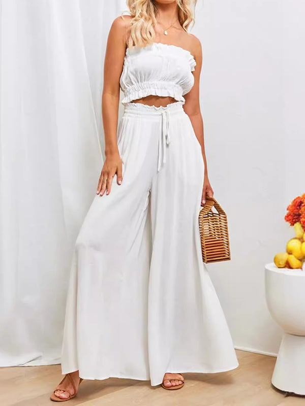 Pantalon ample plissé taille haute, à cordon de serrage, à taille élastique, à poches, couleur unie