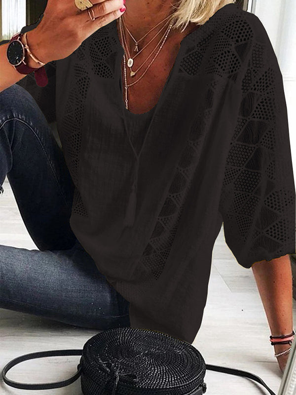 T-shirt simple décontracté ajouré en dentelle, à empiècements, à col en U
