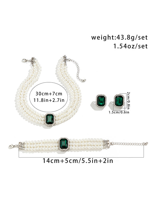 Parure bracelet, collier et boucles d'oreilles géométrique superposée à strass
