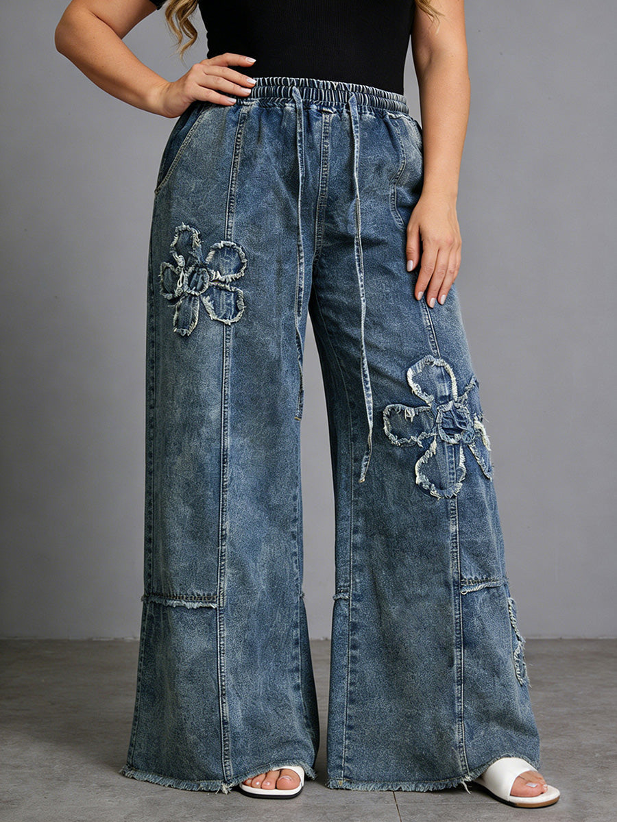Jean ample taille haute, à cordon de serrage, à taille élastique, en forme de fleur, à franges, couleur unie