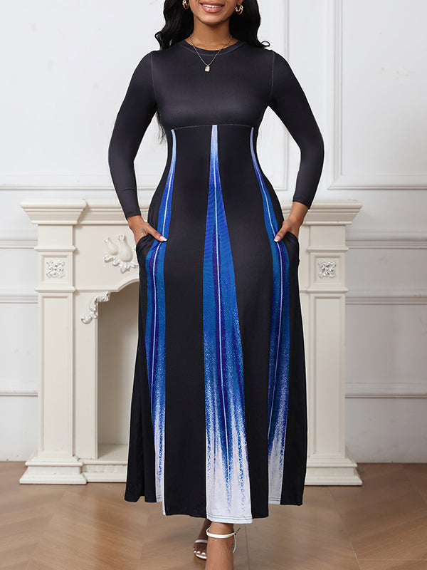 Robe longue imprimée coupe trapèze, taille haute, en dégradé, à poches, à empiècements, à col rond