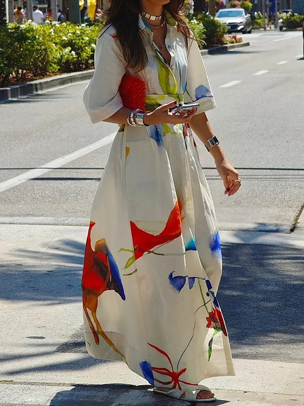 Robe chemise ample asymétrique imprimée à manches mi-longues, à empiècements, à taille nouée, à col revers