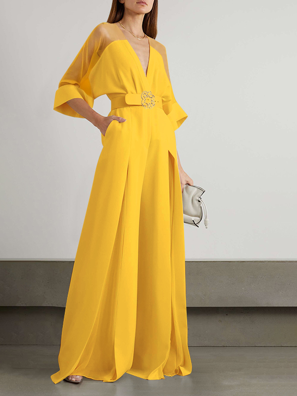 Combinaison fendue devant à taille nouée, taille haute, à col en V, couleur unie, couleur contrastée
