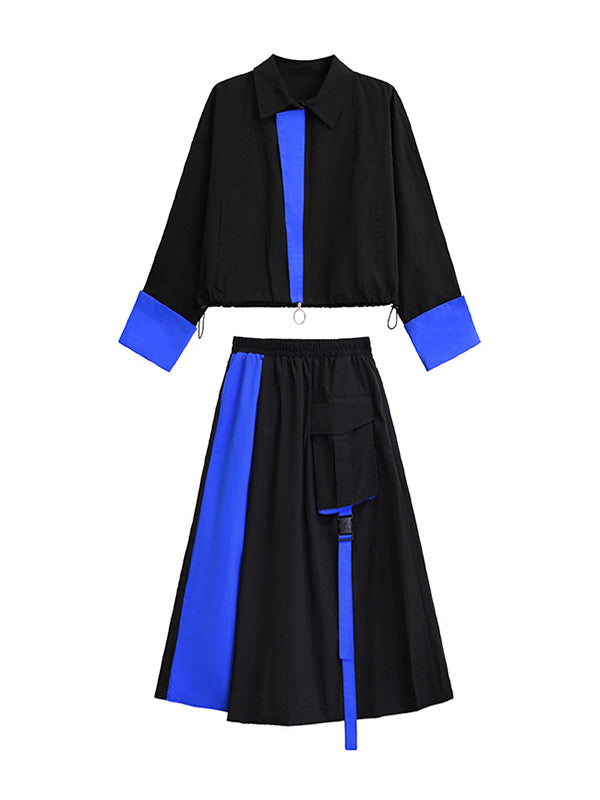 Ensemble deux pièces asymétrique à empiècements, à col revers, coupe trapèze, à taille élastique, à poches, à rubans, couleur contrastée – chemisier + jupe