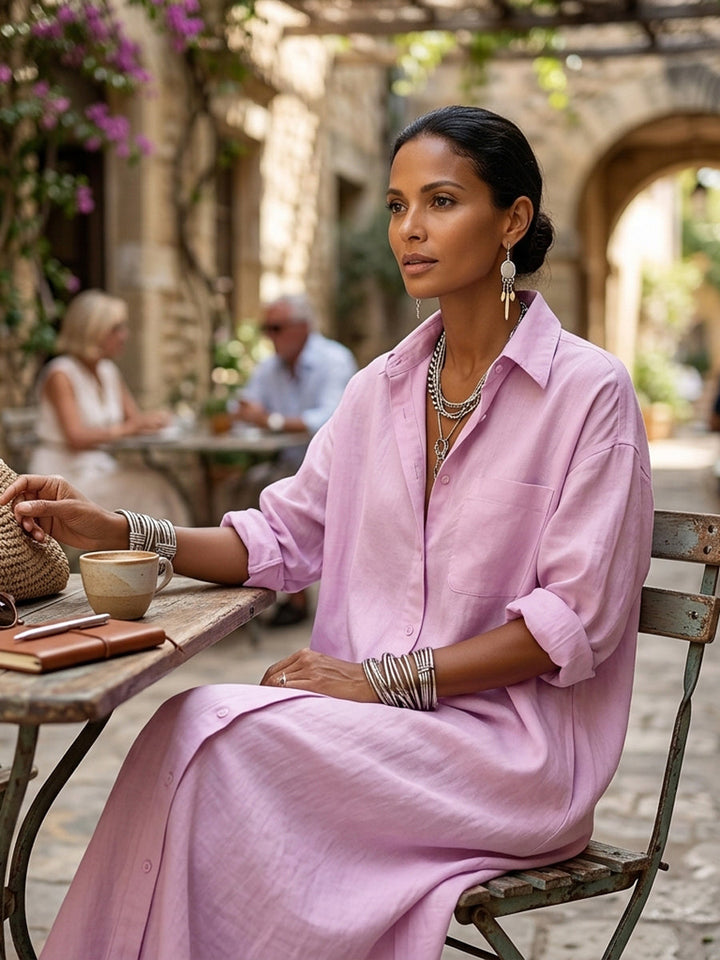 Robe chemise ample boutonnée à manches longues, à poches, à col revers, couleur unie
