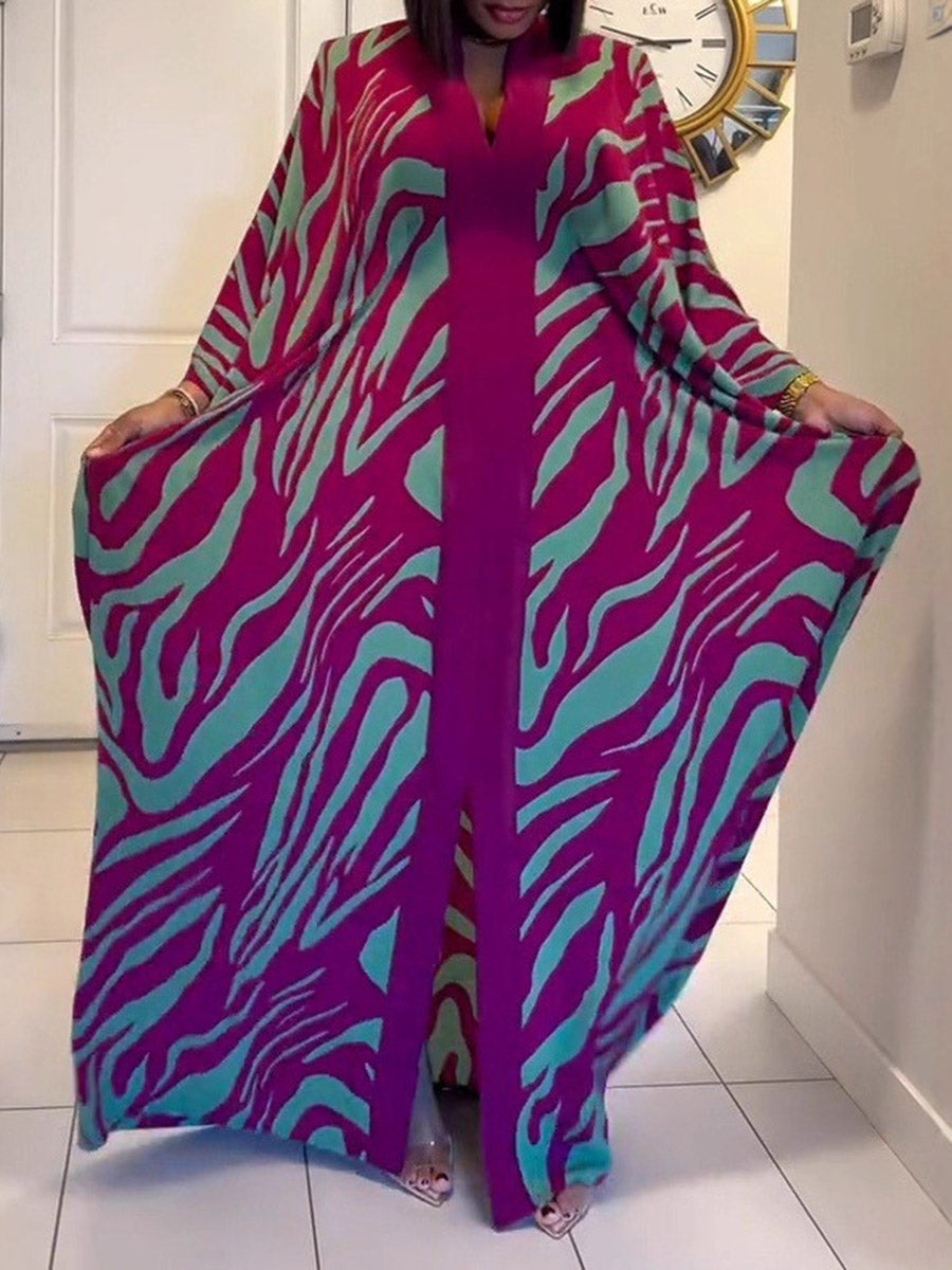 Robe longue imprimée fendue devant à manches chauve-souris, à manches longues, à empiècements, à col en V, couleur contrastée