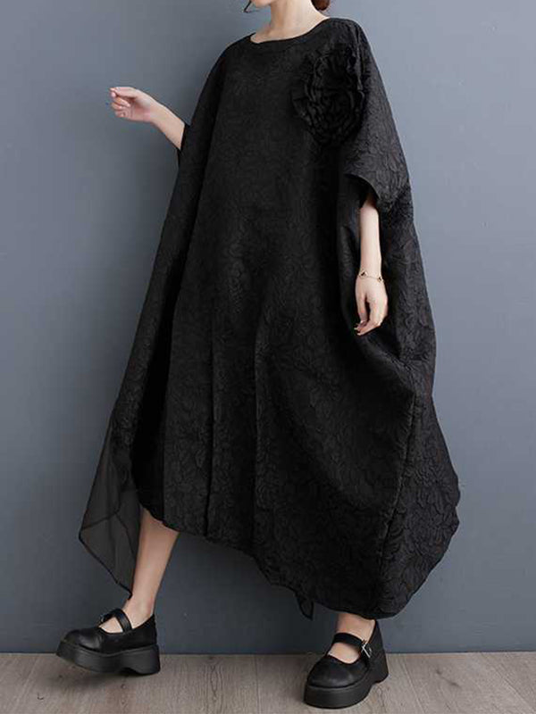 Robe mi-longue ample asymétrique plissée à manches chauve-souris, en forme de fleur, en gaze, en jacquard, à empiècements, à col rond, couleur unie