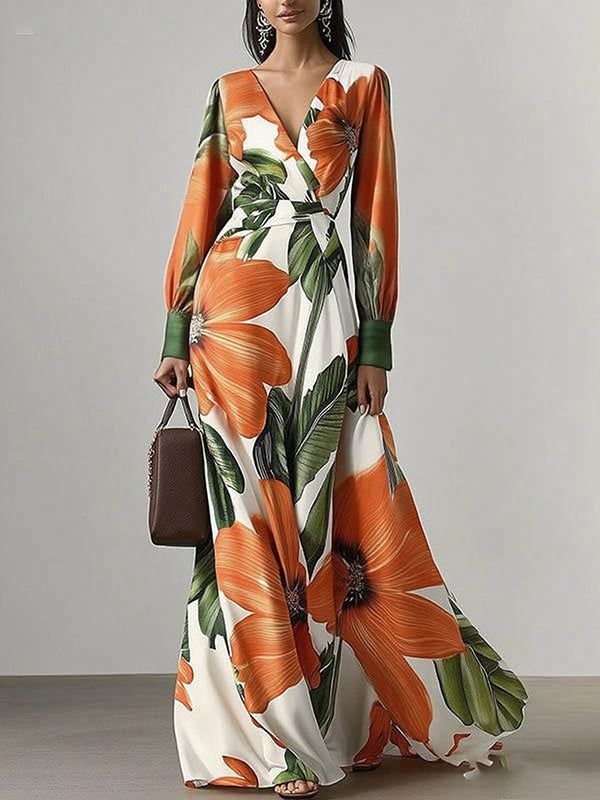Robe longue ample plissée à manches longues, à imprimé floral, à col en V