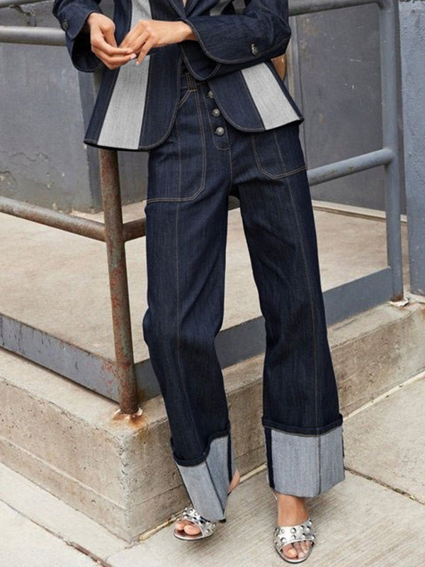 Jean taille haute, à jambes droites, à empiècements, couleur contrastée