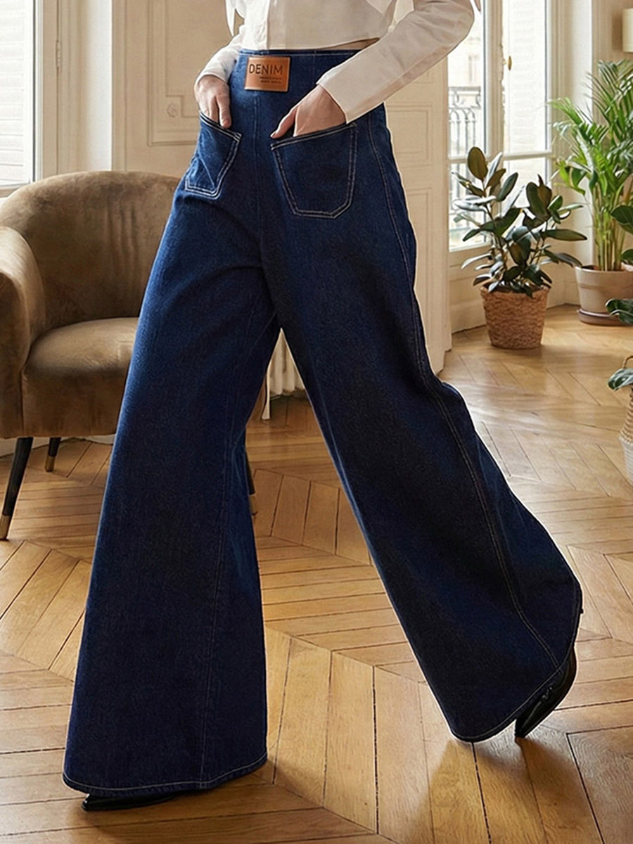 Jean ample taille haute, à taille élastique, à poches, à fermeture éclair, couleur unie