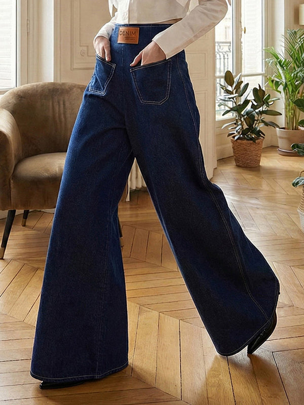 Jean ample taille haute, à taille élastique, à poches, à fermeture éclair, couleur unie