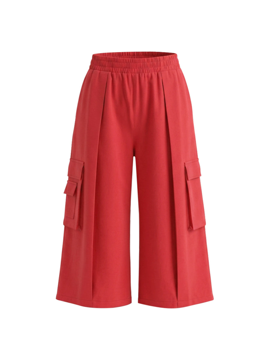 Pantalon ample taille haute, à taille élastique, à poches, couleur unie