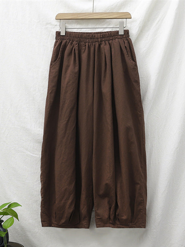 Knickerbockers à jambes larges et amples en lin, couleur unie, cordon de serrage plissé
