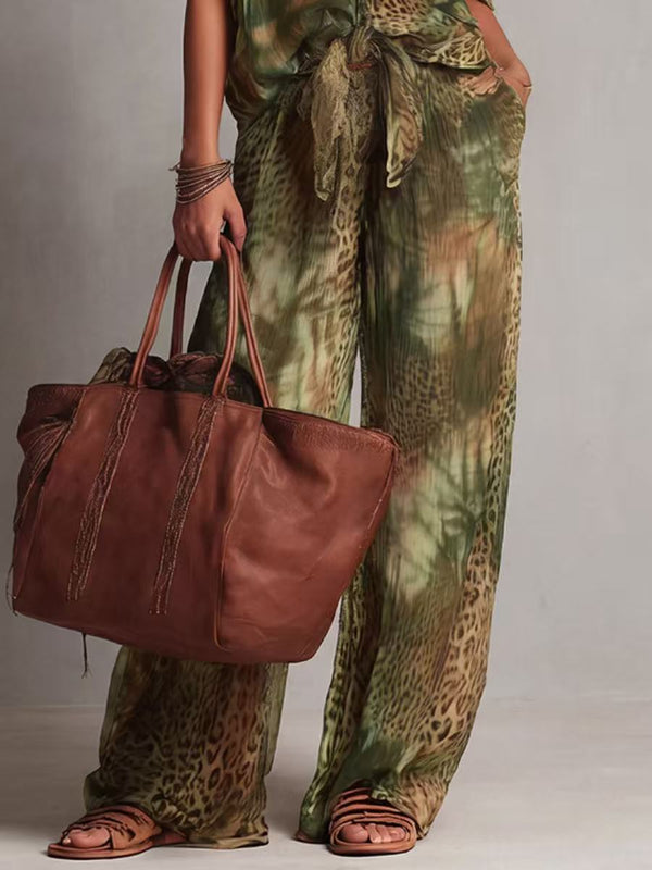 Pantalon taille haute, à jambes larges, à taille élastique, à imprimé léopard, à poches, couleur contrastée
