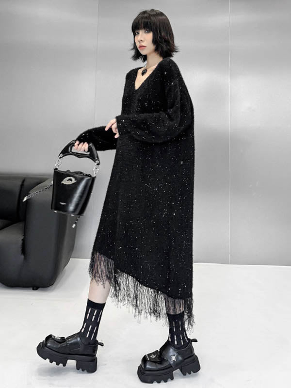 Robe pull brillante à coupe irrégulière, à manches longues, à sequins, à empiècements, à pompons, à col en V, couleur contrastée