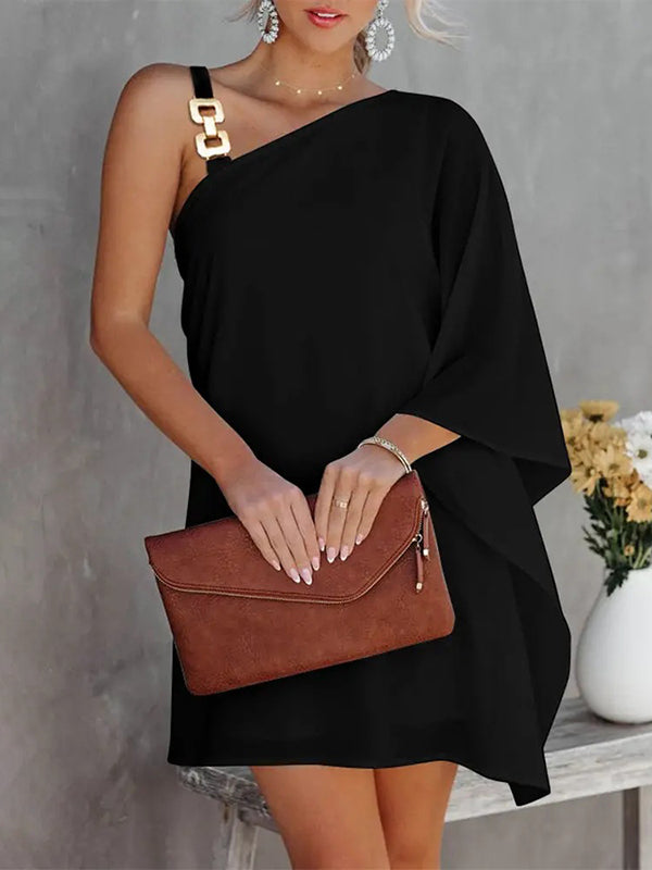 Robe courte ajourée imprimée à manches chauve-souris, asymétrique à une épaule