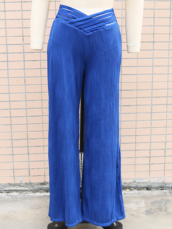 Pantalon ample ajouré plissé à jambes larges, à taille élastique, couleur unie