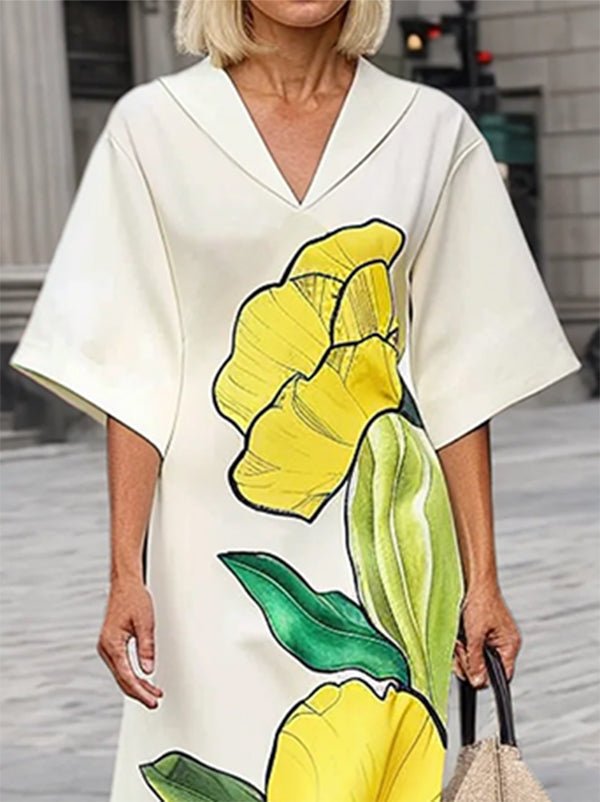 Robe longue ample à manches chauve-souris, à imprimé floral, à empiècements, à col en V