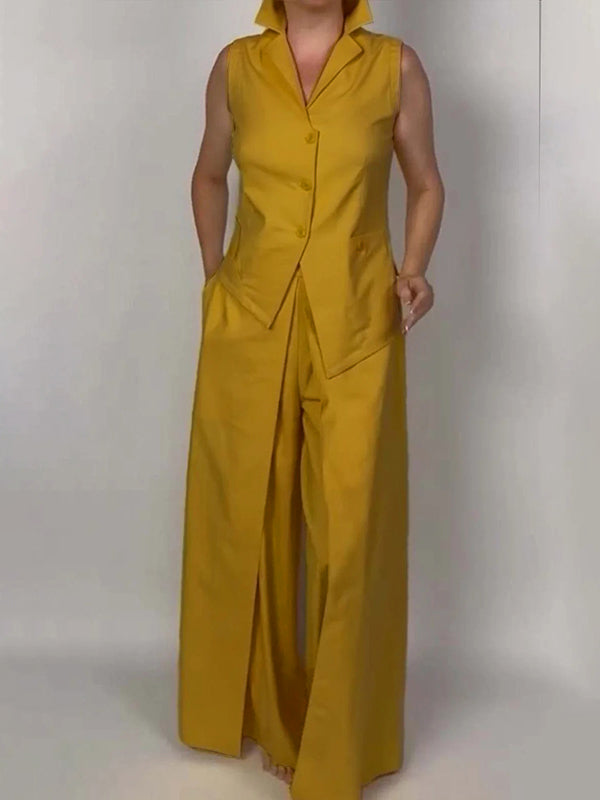Débardeur boutonné sans manches, à col revers, couleur unie