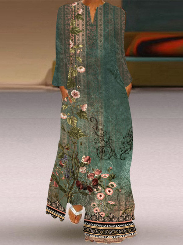 Robe longue coupe trapèze, à manches longues, à imprimé floral, à poches, à col en V