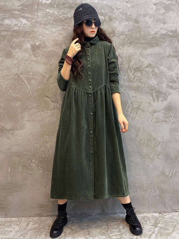 Robe Originale à Revers en Velours Côtelé Uni