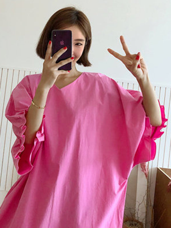Robe mi-longue Plissée à Manches Raglan et Col en V de Grande Taille
