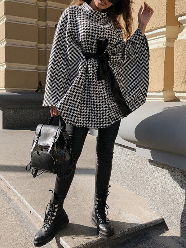 Veste à manches chauve-souris, à manches longues, à motif pied-de-poule, à taille nouée, à col montant, style cape