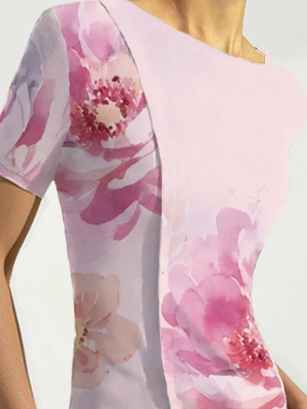 T-shirt fendu devant à manches courtes, coupe près du corps, à imprimé floral, à col rond
