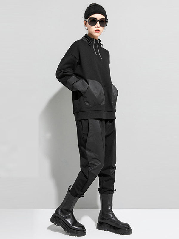 Sweat-shirt décontracté ample à manches longues, à fermeture éclair, à col haut, couleur unie