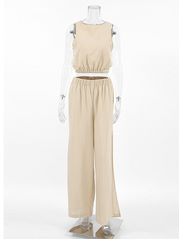 Ensemble deux pièces avec gilet à col rond et pantalon taille haute fendu sur le côté, élasticité ample, couleur unie